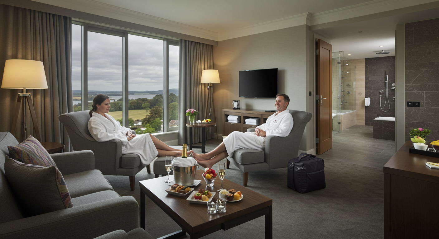 A couple relaxing in a luxurious hotel, showing the comfort of combining travel with treatment.