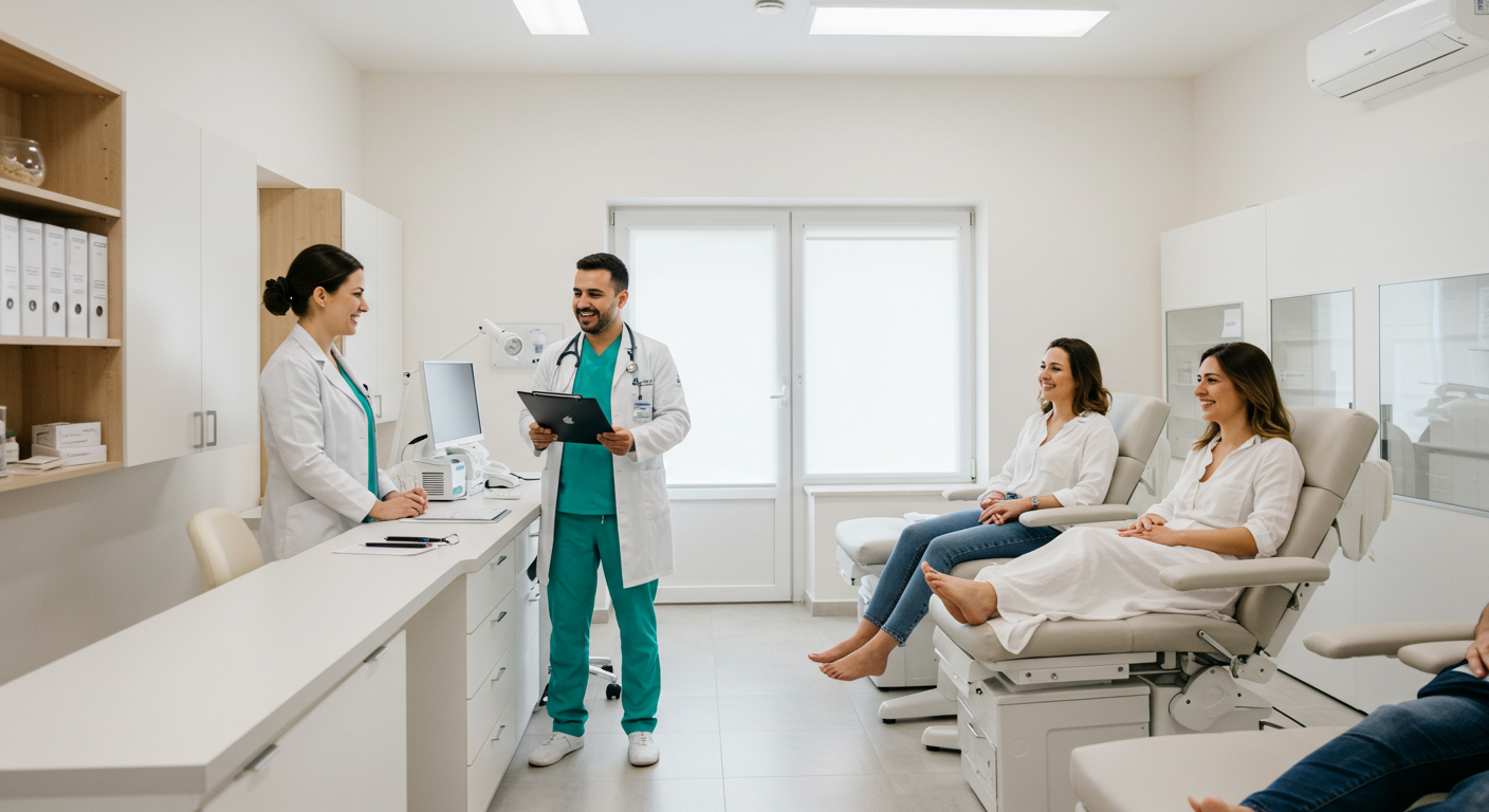 A serene clinic environment in Cyprus with smiling doctors and happy couples.