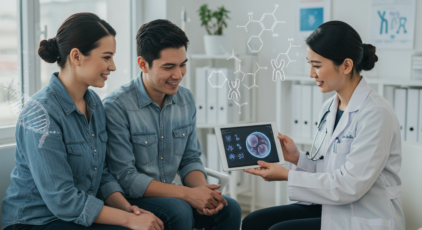 A hopeful couple sits with a compassionate fertility specialist in a modern clinic setting. The specialist is showing them a tablet displaying a healthy embryo, symbolizing the success of IVF and genetic screening. The background features subtle medical imagery, such as DNA helix graphics and chromosomal diagrams, representing the genetic aspects of the discussion. The atmosphere is warm and supportive, highlighting the journey towards having a healthy baby despite genetic challenges.